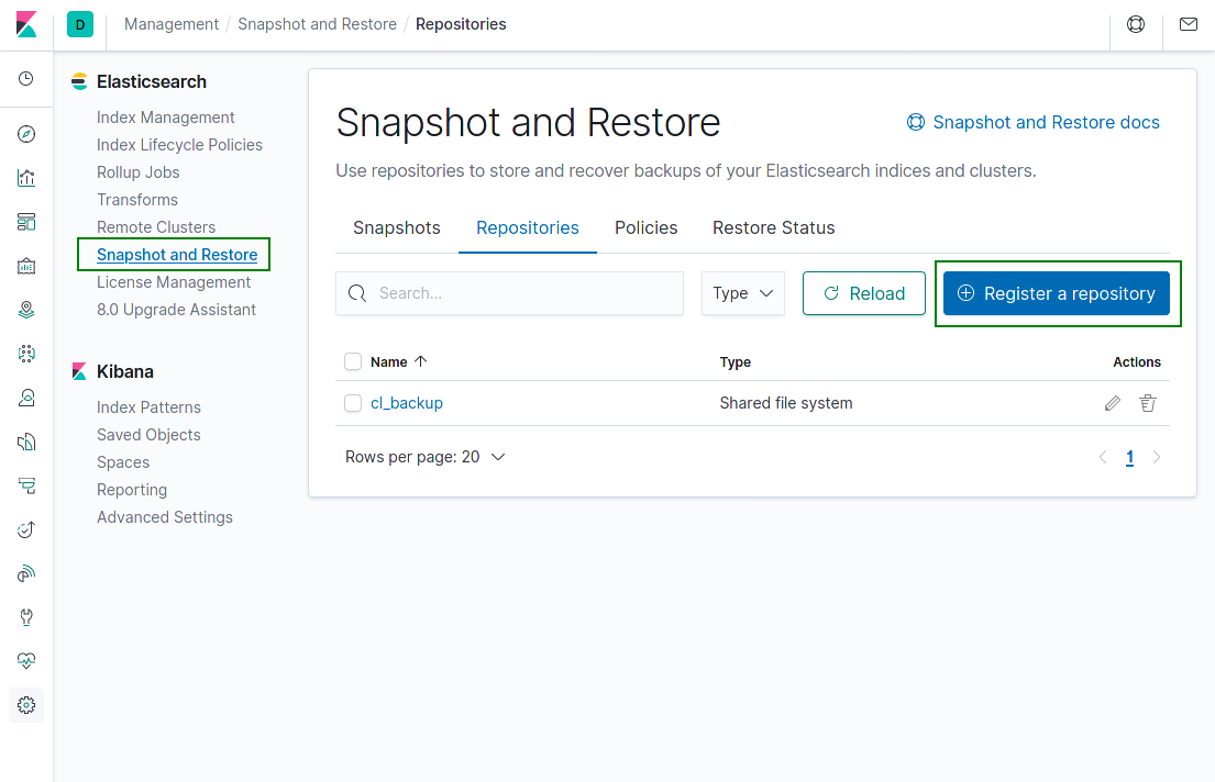 Kibana create snapshot repository