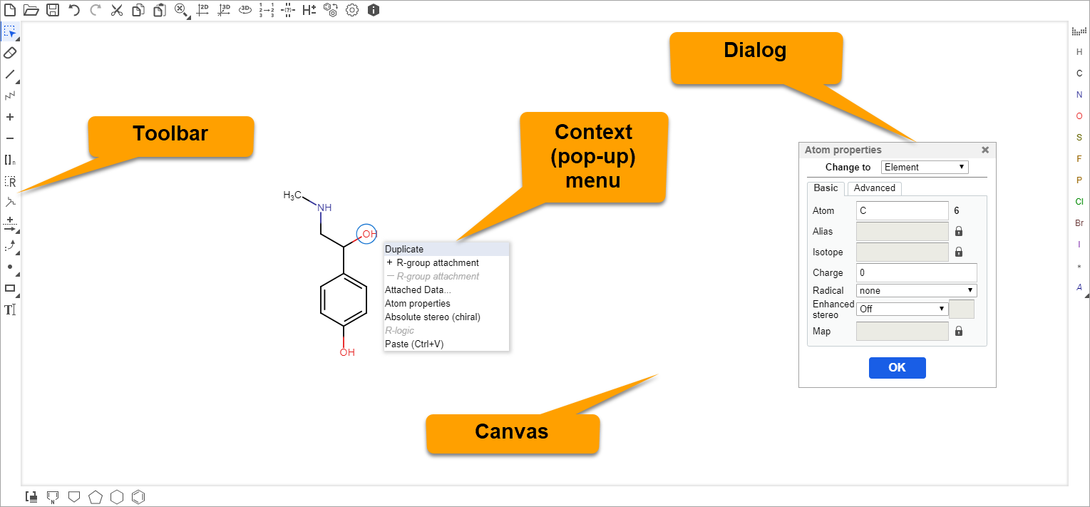 Parts of the Marvin JS GUI