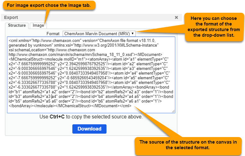 The structure export tab of the export dialog