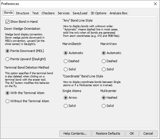 The bond tab of the preferences dialog