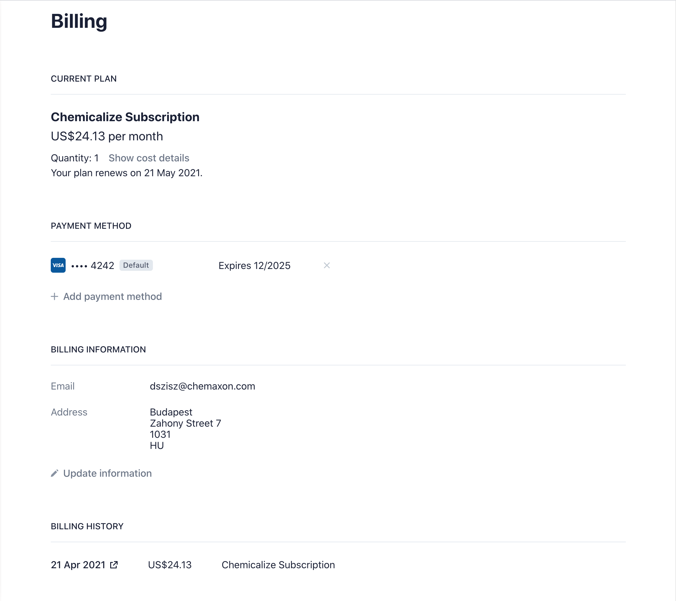 Chemicalize billing page stripe