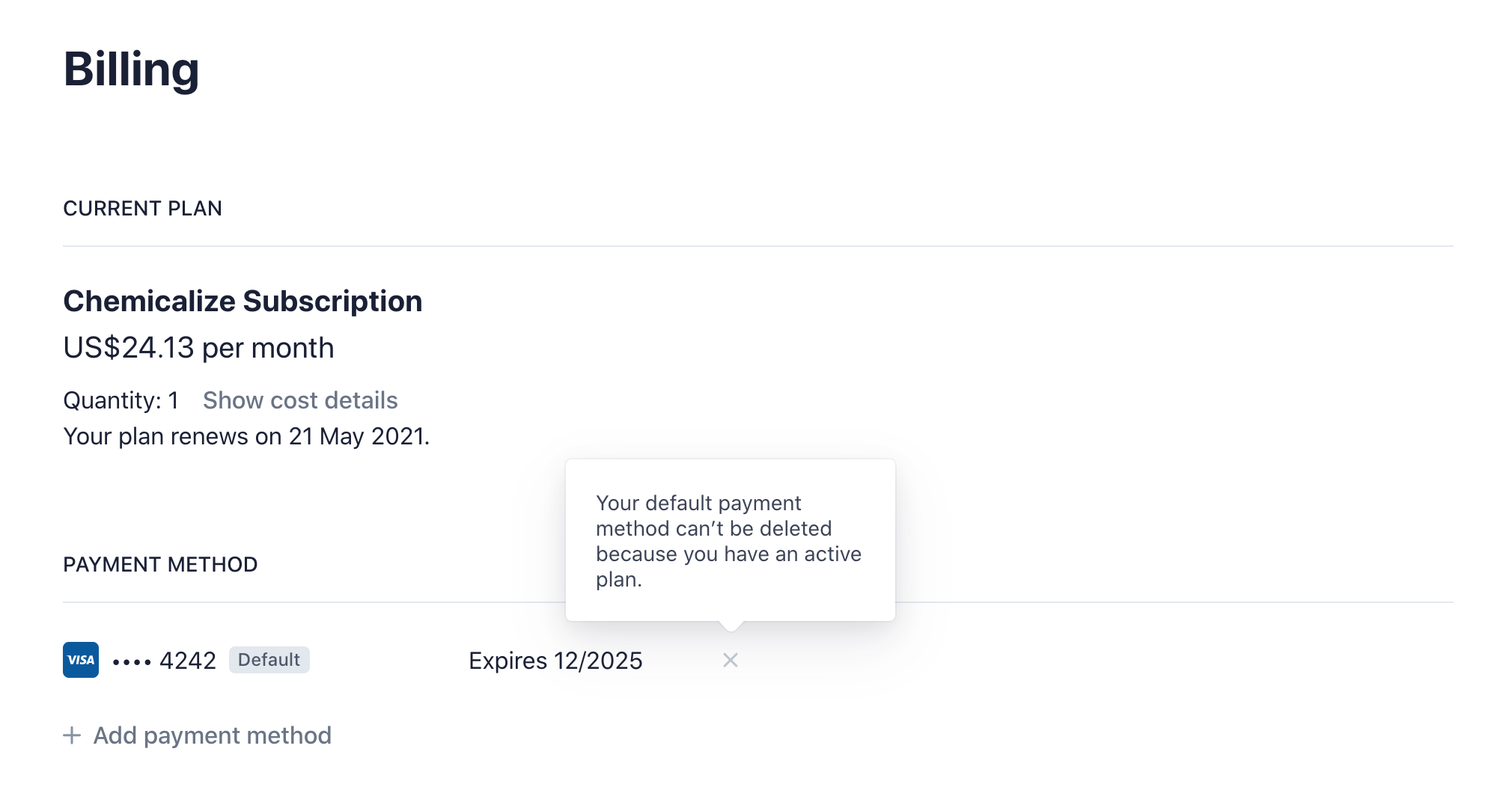 Chemicalize delete card as payment method