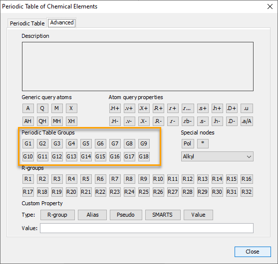 Periodic table groups on the advanced tab