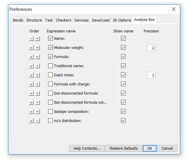 Analysis box preferences