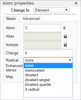 The atom properties dialog