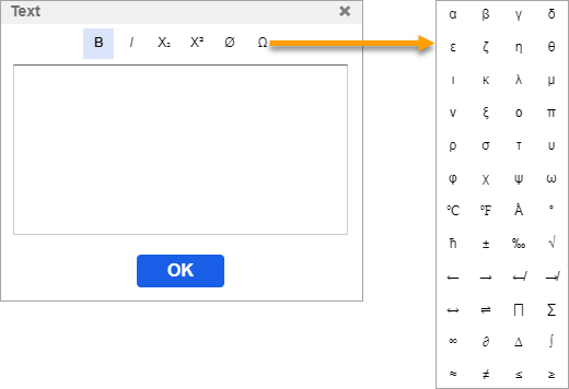 Text dialog symbol list