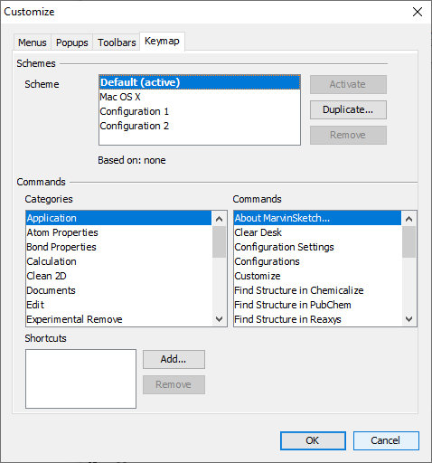 The keymap tab of the customize dialog