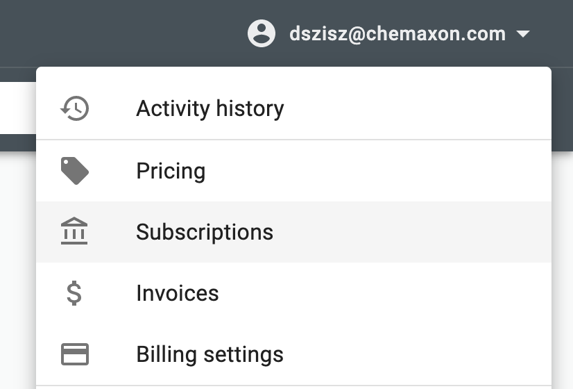 Chemicalize profile menu subscriptions